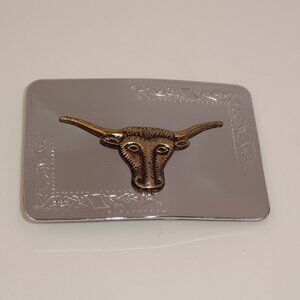 Vintage Longhorn Bull Steer Western Belt Buckle Cowboy Cowgirl 3" x 2" Hong Kong